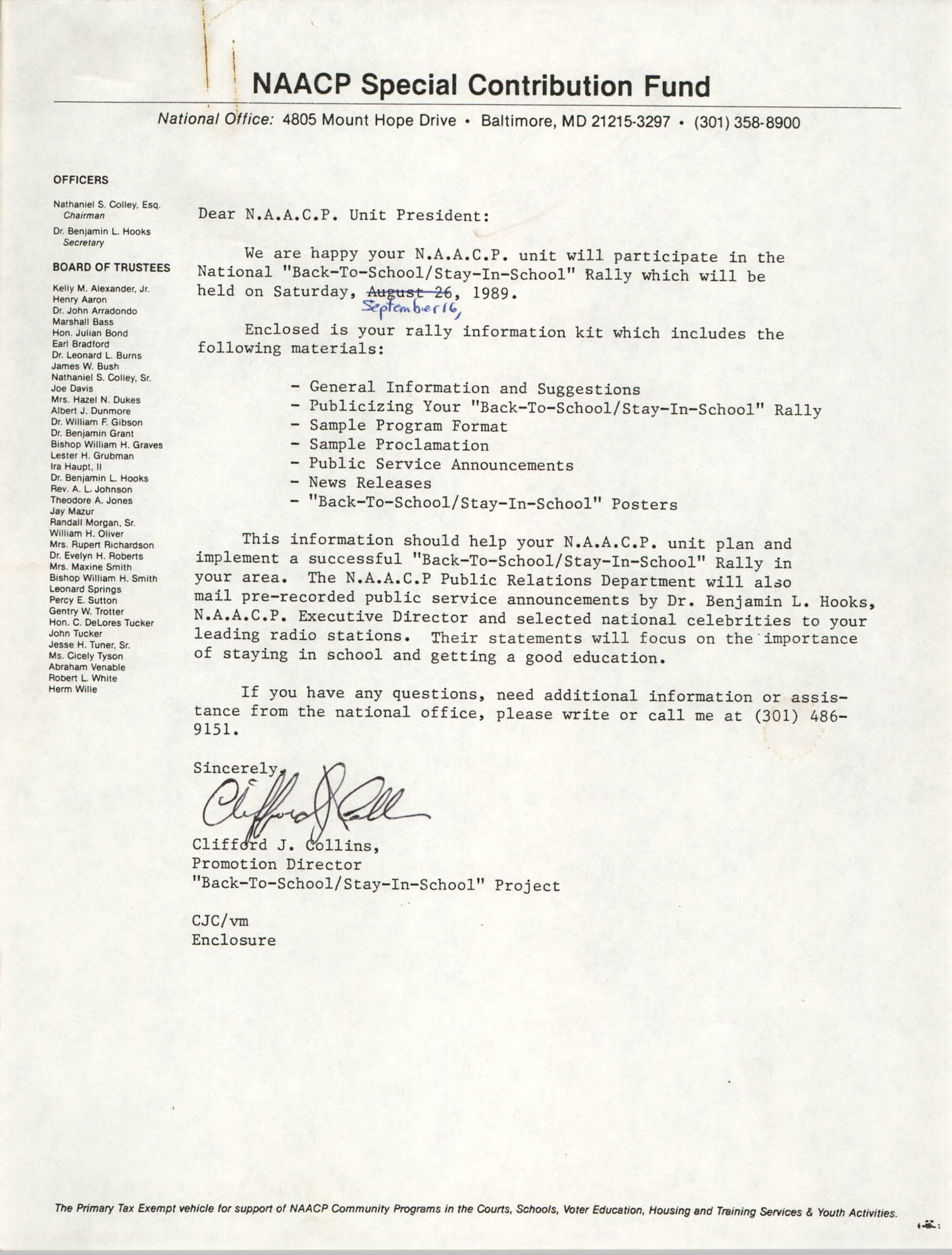 Letter From Clifford J Collins To Naacp Unit President Tify