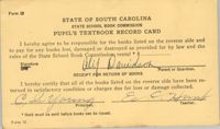State of South Carolina State School Book Commission Pupil's Textbook Record Cards