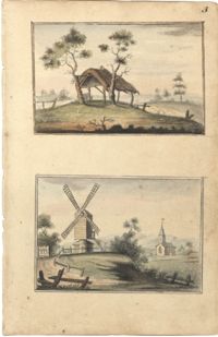 Landscape paintings, thatched roof shelter and windmill