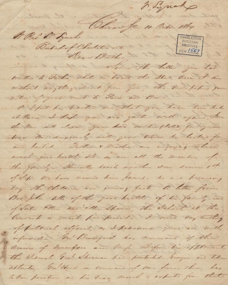 359. Francis Lynch to Bp Patrick Lynch October 14, 1864