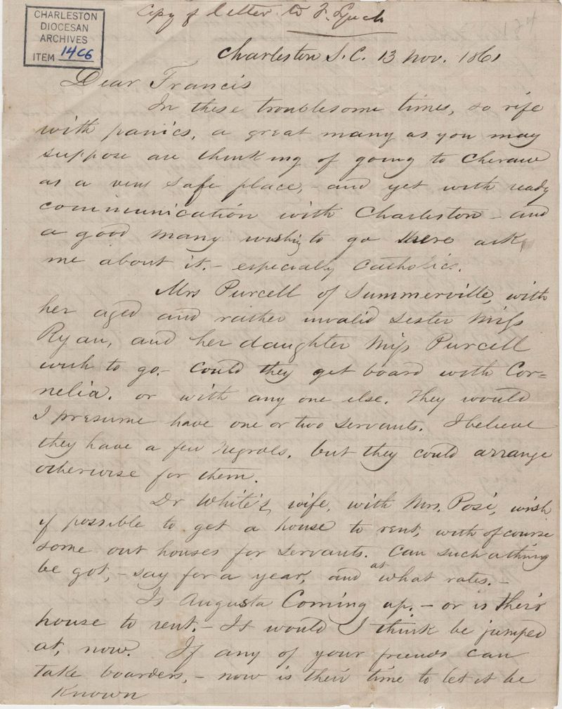 180. Bp Patrick Lynch to Francis Lynch November 13, 1861