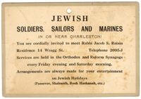 Invitation for Jewish Soldiers, Sailors, and Marines to Meet Rabbi Raisin