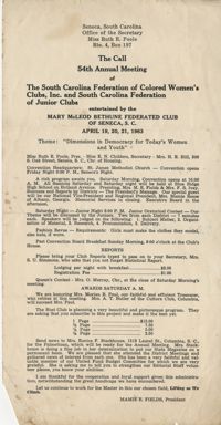 The Call for the 54th annual meeting of the South Carolina Federation of Colored Women's Clubs and South Carolina Federation of Juniors Clubs