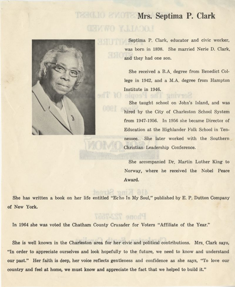 Mrs. Septima P. Clark biography - Lowcountry Digital Library Catalog Search