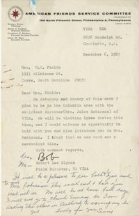 Letter from Robert Lee Sigmon to Mamie Fields, December 6, 1965