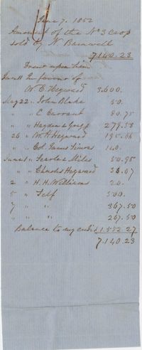 139. Amount of crop sold by Nathaniel Barnwell -- June 7, 1852