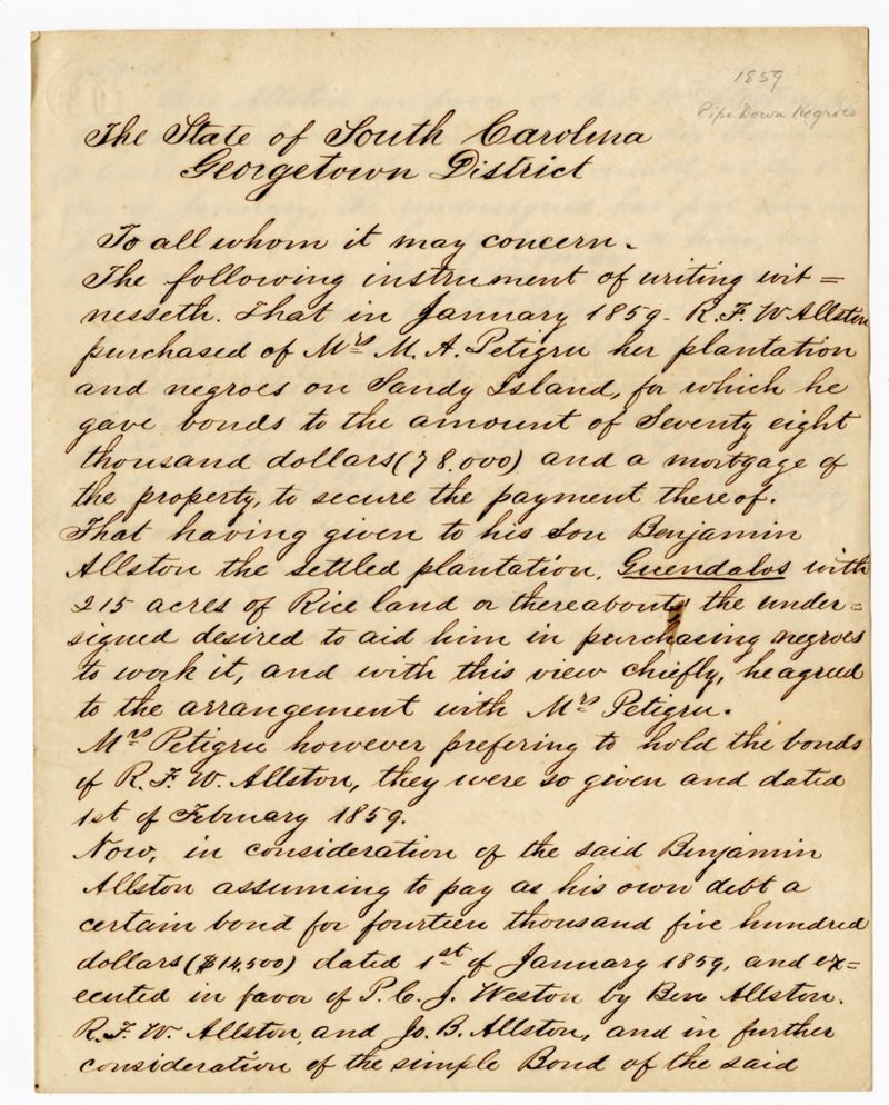 Indenture of ThirtyFour Enslaved Persons to Benjamin Allston at