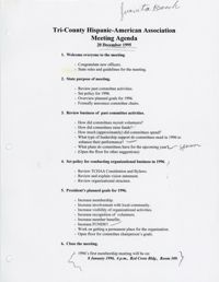 Agenda de la reunión  de la organización Tri-County Hispanic American Association del día 20 de diciembre de 1995 / Tri-County Hispanic Association's Meeting Agenda, 20 December 1995.