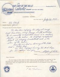 Letter from Our Lady of the Hills Catholic Camp to Septima P. Clark, July 20, 1969