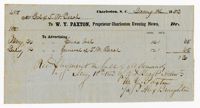 Receipt for an Advertisement in the Charleston Evening News from the Estate of Thomas Bacot, 1852