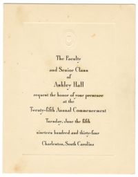 Ashley Hall Commencement Ceremony Invitation, June 5, 1934