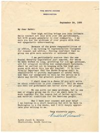Letter to Rabbi Dr. Jacob S. Raisin from President Franklin D. Roosevelt, September 24, 1935
