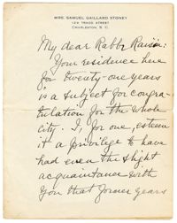A Letter from Louisa Cheves Stoney to Rabbi Raisin