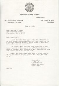 Letter from Charleston County Councilman Gordan B. Stine to Septima P. Clark, June 2, 1976