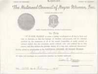 National Council of Negro Women Certificate, February 25, 1955