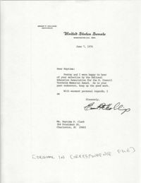 Letter from South Carolina Senator, Ernest F. Hollings to Septima P. Clark, H. Councill Trenholm Memorial Award