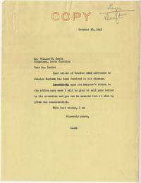 Teenage Draft: Correspondence between William M. Davis (Ridgeland, S.C.) to Senator Burnet R. Maybank, October 22, 1942