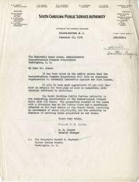 Santee-Cooper: Letter from Robert M. Cooper (General Manager of the South Carolina Public Service Authority) to Jesse Jones (Administrator of the Reconstruction Finance Corporation), December 16, 1941
