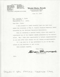 Letter from South Carolina Senator, Strom Thurmond to Septima P. Clark, H. Councill Trenholm Memorial Award