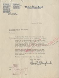 Santee-Cooper: Letter from Senator Burnet R. Maybank to U.S. Department of Agriculture, September 1, 1944