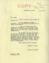 Santee-Cooper: Correspondence between Richard I. Lane and Senator Burnet R. Maybank, November 1943