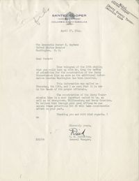Santee-Cooper: Correspondence between Richard M. Jefferies (General Manager of the South Carolina Public Service Authority) and Senator Burnet R. Maybank, April 17, 1944