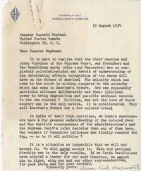 Segregation: Letter from Susan Haynesworth to Senator Burnet R. Maybank, August 19, 1954