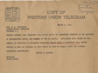 Santee-Cooper: Telegram from Senator Burnet R. Maybank to Richard M. Jefferies (General Counsel of the South Carolina Public Service Authority), March 1, 1944