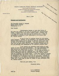 Santee-Cooper: Letter from Richard M. Jefferies (General Counsel of the South Carolina Public Service Authority) to Senator Burnet R. Maybank, June 1, 1944