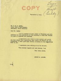 Teenage Draft: Correspondence between J. M. G. Eaddy (Hemingway, S.C.) to Senator Burnet R. Maybank, September 4, 1942