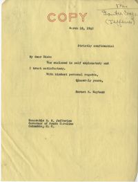 Santee-Cooper: Correspondence between Senator Burnet R. Maybank, Baird Snyder (Administrator of the Federal Works Agency), and South Carolina Governor Richard M. Jefferies, March 1942