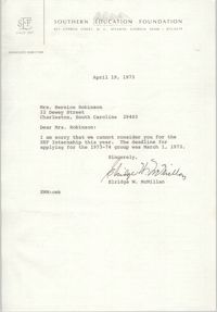 Letter from Elridge W. McMillan to Bernice Robinson, April 19, 1973