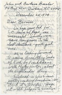 Letter from John and Barbara Beecher to Bernice Robinson, December 25, 1974