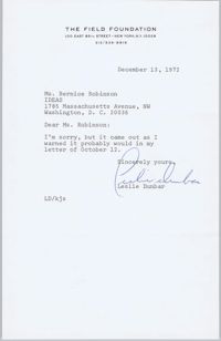 Letter from Leslie Dunbar to Bernice Robinson, December 13, 1972