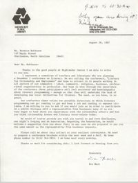 Letter from Eva Mack to Bernice Robinson, August 26, 1987