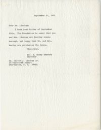 Letter from Mrs. S. Henry Edmunds to Mr. O. J. Lindsay, Jr.