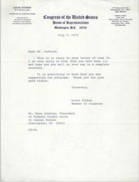 Letter from Louis Stokes to Esau Jenkins, July 7, 1972