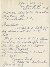 Letter from Abbie M. Leland to Historic Charleston Foundation