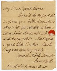 Letter from Ann Ball to her Parents John and Ann Simons Ball, February 13, 1821