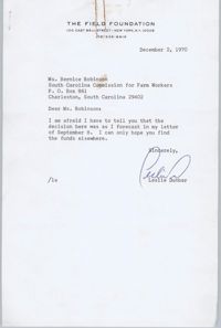 Letter from Leslie Dunbar to Bernice Robinson, December 2, 1970