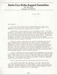 Letter from Santa Cruz Strike Support Committee, July 25, 1986