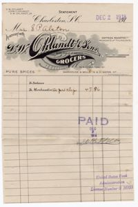 D. W. Ohlandt & Sons Grocers Bill, 1918