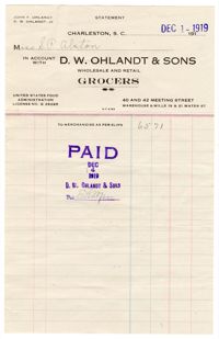 D. W. Ohlandt & Sons Grocers Bill, 1919
