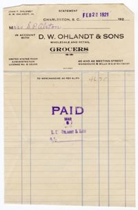 D. W. Ohlandt & Sons Grocers Bill, 1921