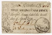 South Carolina Three Shillings and Nine Pence Note