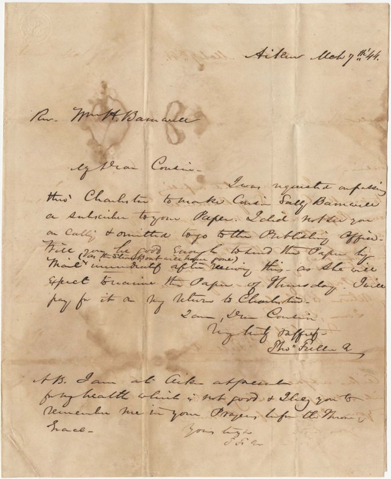 137 Thomas Fuller To William H W Barnwell March 7 1844 Tify