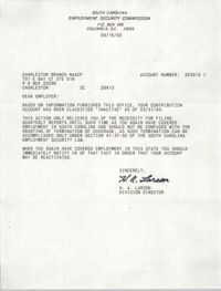 Letter from H. A. Larson to Charleston Branch of the NAACP, September 15, 1993
