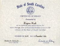 State of South Carolina Certificate of Service, Eugene Hunt