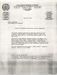South Carolina Conference of Branches of the NAACP Press Release, April 18, 1986