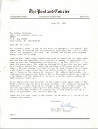 Letter from Paul Sharry to Rodney Williams, June 18, 1993